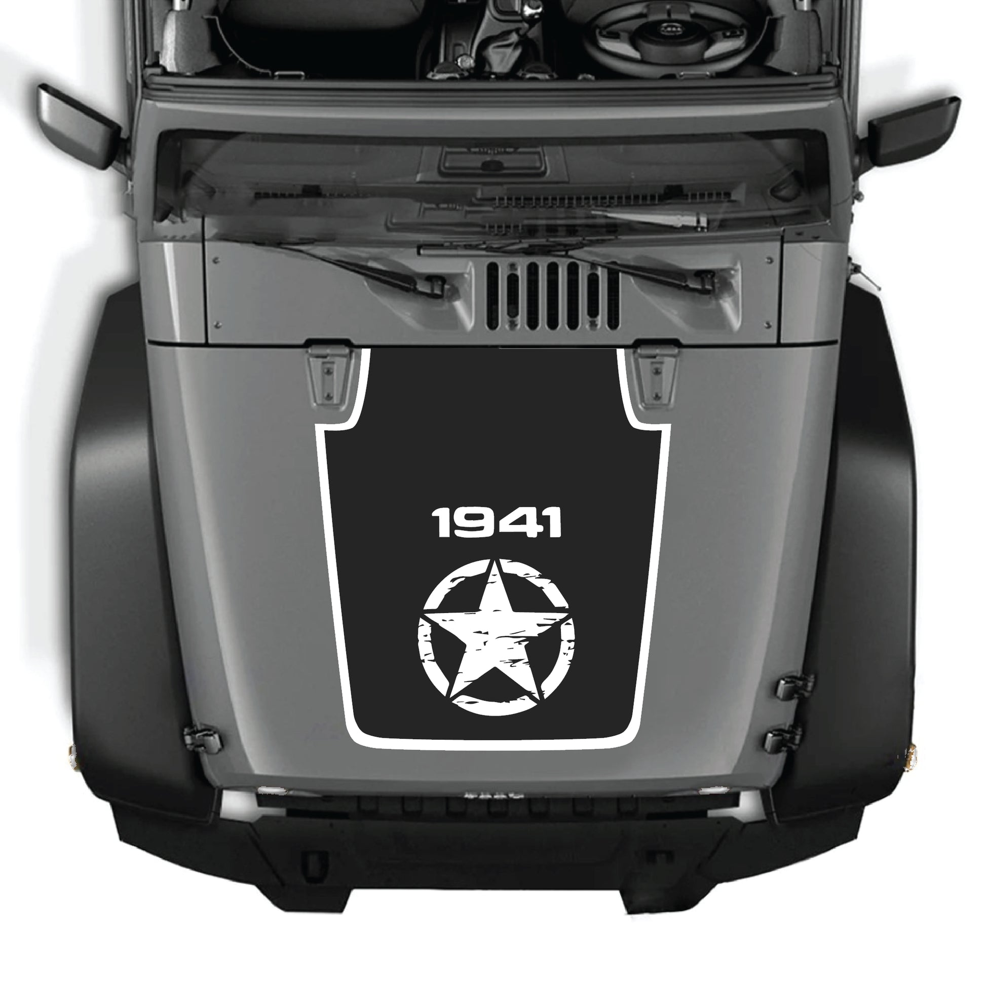 Jeep Wrangler JK JKU hood decal featuring a center star with border design, made from premium vinyl by CarCode.