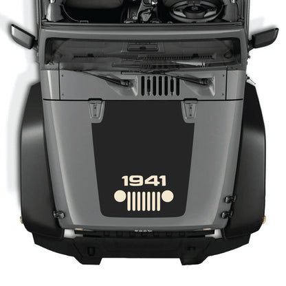 CarCode Jeep Wrangler JK hood decal with 1941 grill graphic in black premium vinyl, centered on the hood for a custom look.