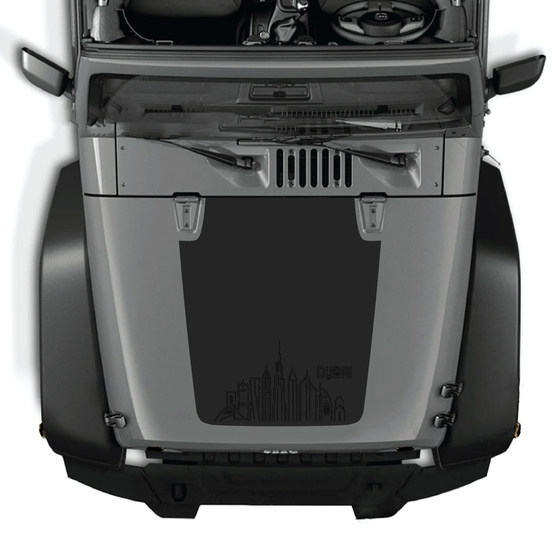 CarCode Dubai hood decal sticker on Jeep Wrangler JK JKU, premium vinyl graphic kit for 2007-2018 models.