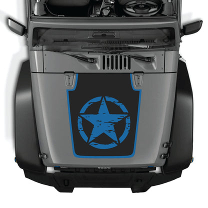 Jeep Wrangler JK full star hood decal with border, premium vinyl graphic kit by CarCode, for 2007-2018 models.