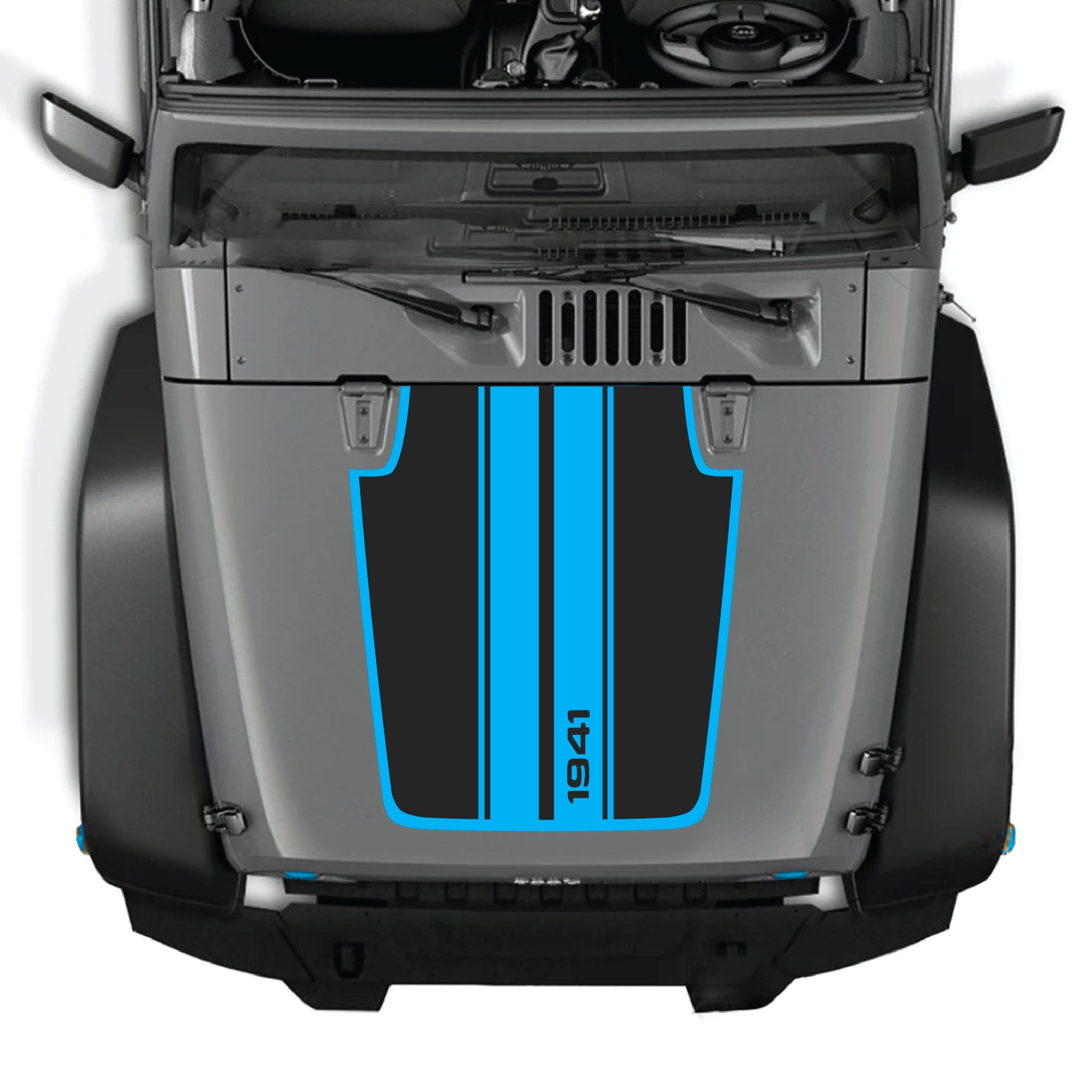 Jeep Wrangler JK JKU hood decal with 1941 stripes and border graphic kit in black and white vinyl by CarCode