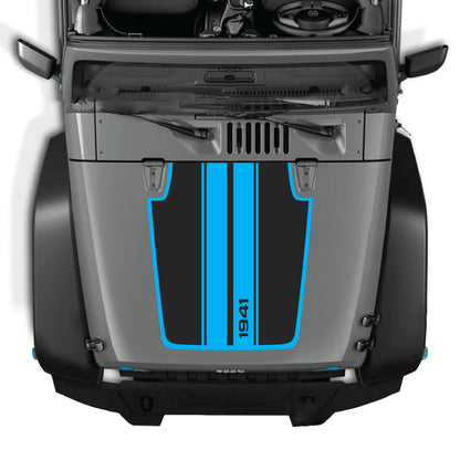 Jeep Wrangler JK JKU hood decal with 1941 stripes and border graphic kit in black and white vinyl by CarCode