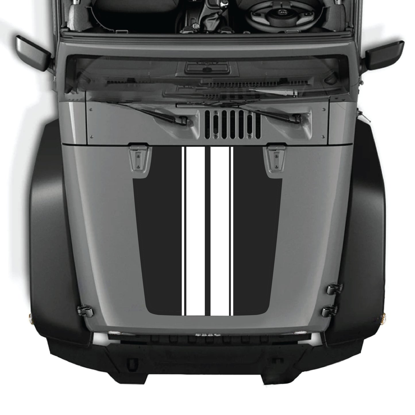 Jeep Wrangler JK hood decal with black and white stripe graphic kit from CarCode, made of premium vinyl, designed for 2007-2018 models.