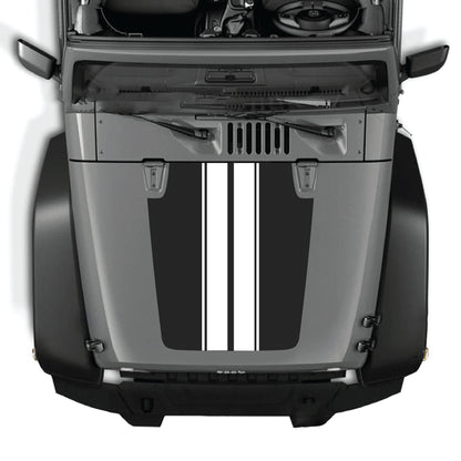 Jeep Wrangler JK hood decal with black and white stripe graphic kit from CarCode, made of premium vinyl, designed for 2007-2018 models.