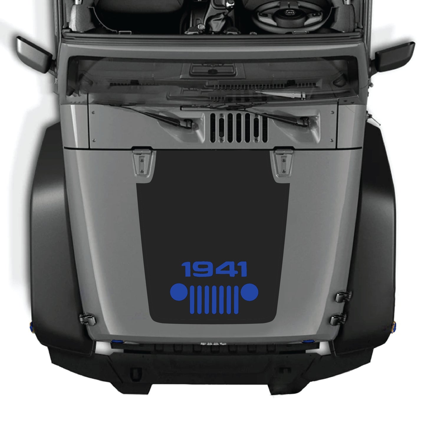 Jeep Wrangler JK hood decal featuring Center 1941 Grill graphic from CarCode, made of premium vinyl for a stylish look.