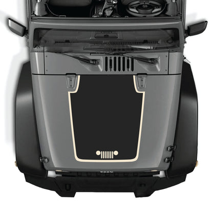 Jeep Wrangler JK JKU hood decal with grill and border design, black premium vinyl CarCode graphic sticker on vehicle hood.
