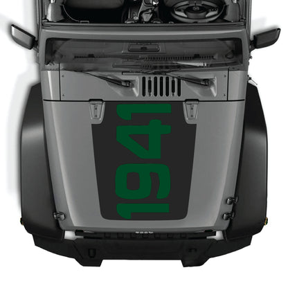 Jeep Wrangler JK JKU hood decal graphic kit by CarCode featuring 1941 design in premium vinyl on a black hood.