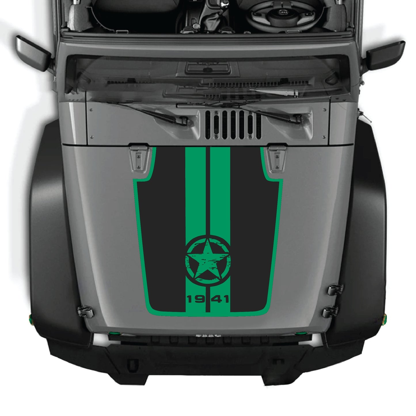 Jeep Wrangler JK hood decal featuring 1941 star and stripes with border, made of premium vinyl for a bold custom look.