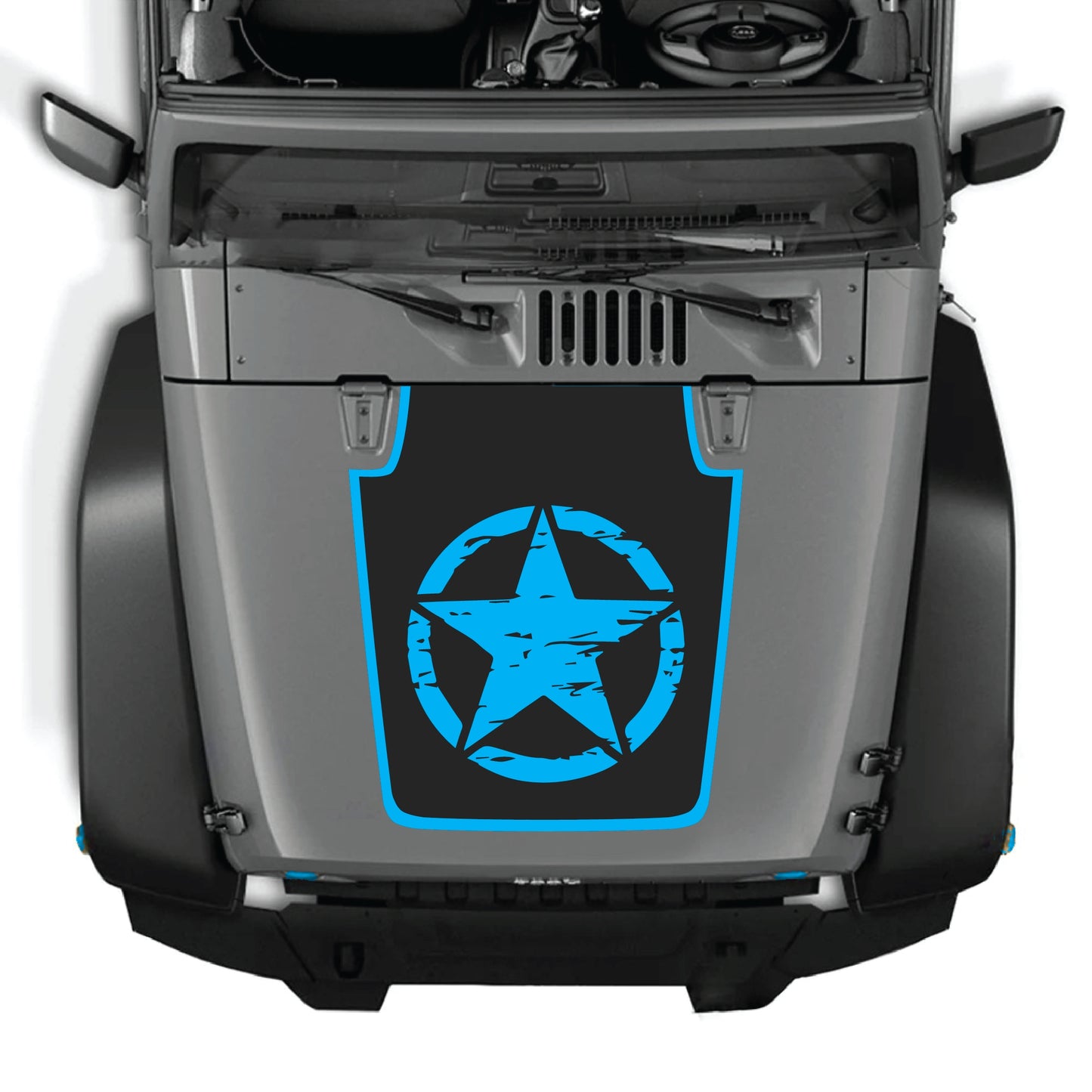 Full star hood decal with border graphic kit for Jeep Wrangler JK JKU, made of premium vinyl by CarCode.