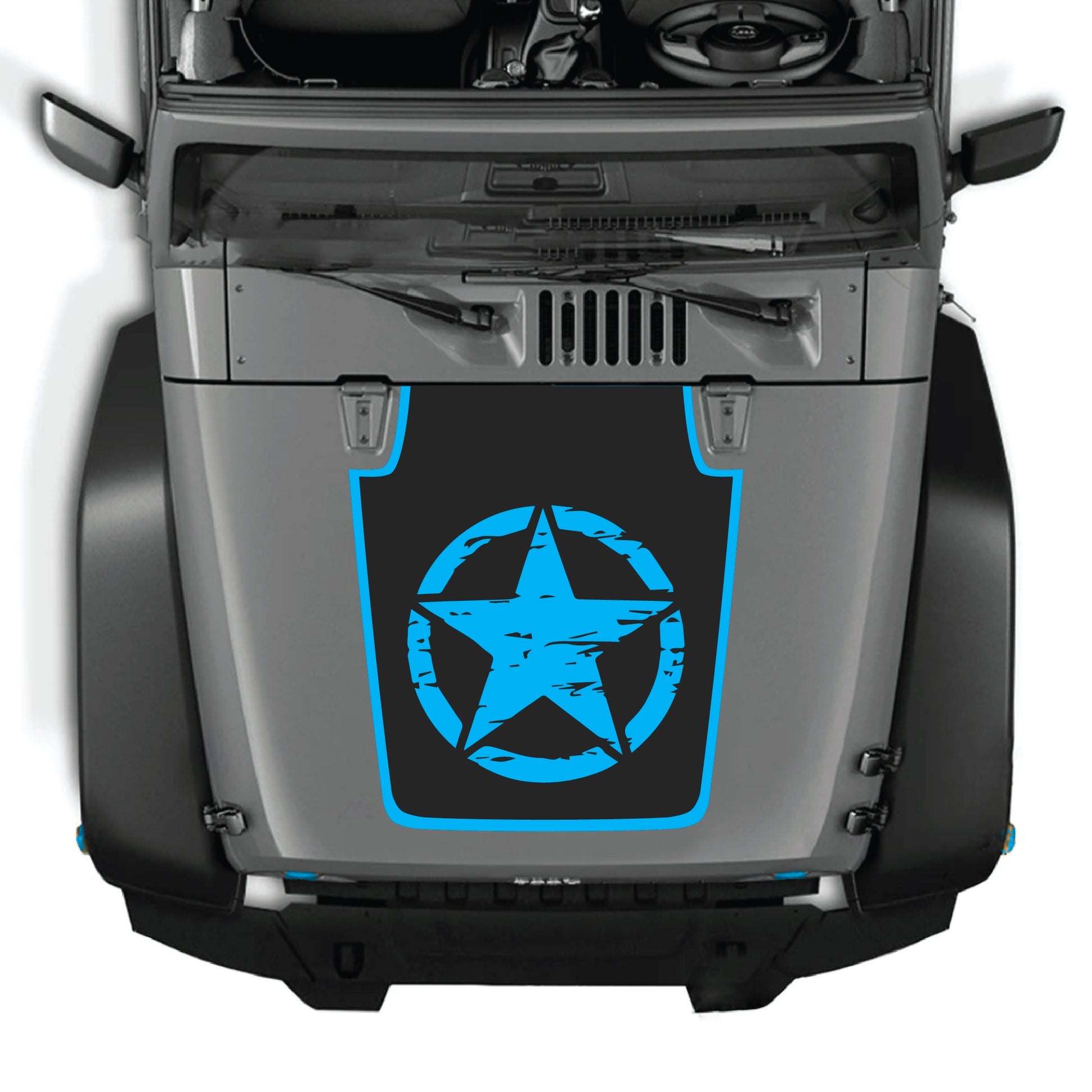 Full star hood decal with border graphic kit for Jeep Wrangler JK JKU, made of premium vinyl by CarCode.