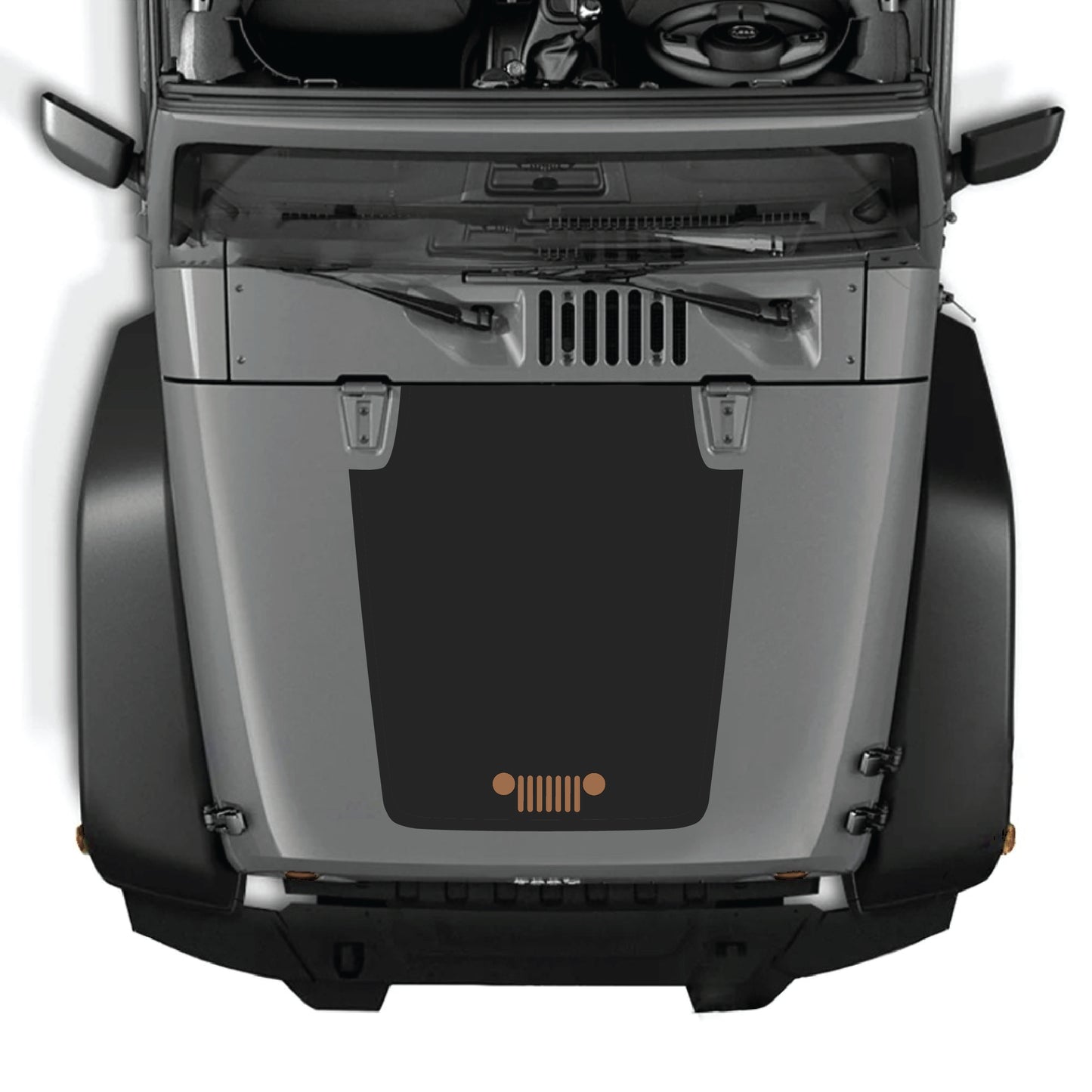 Jeep Wrangler JK JKU hood decal graphic kit by CarCode, featuring a bold grill pattern in premium vinyl on the hood.