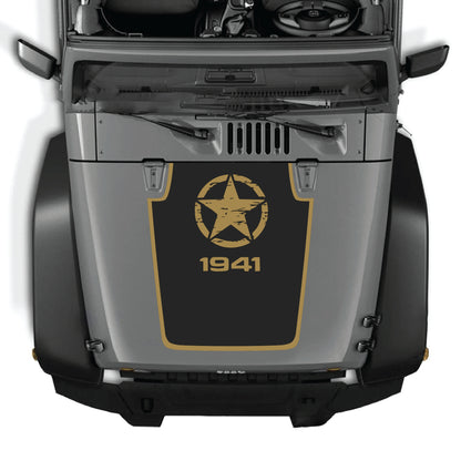 Jeep Wrangler JK JKU hood decal with Top Star 1941 border graphic, CarCode premium vinyl sticker on vehicle hood.