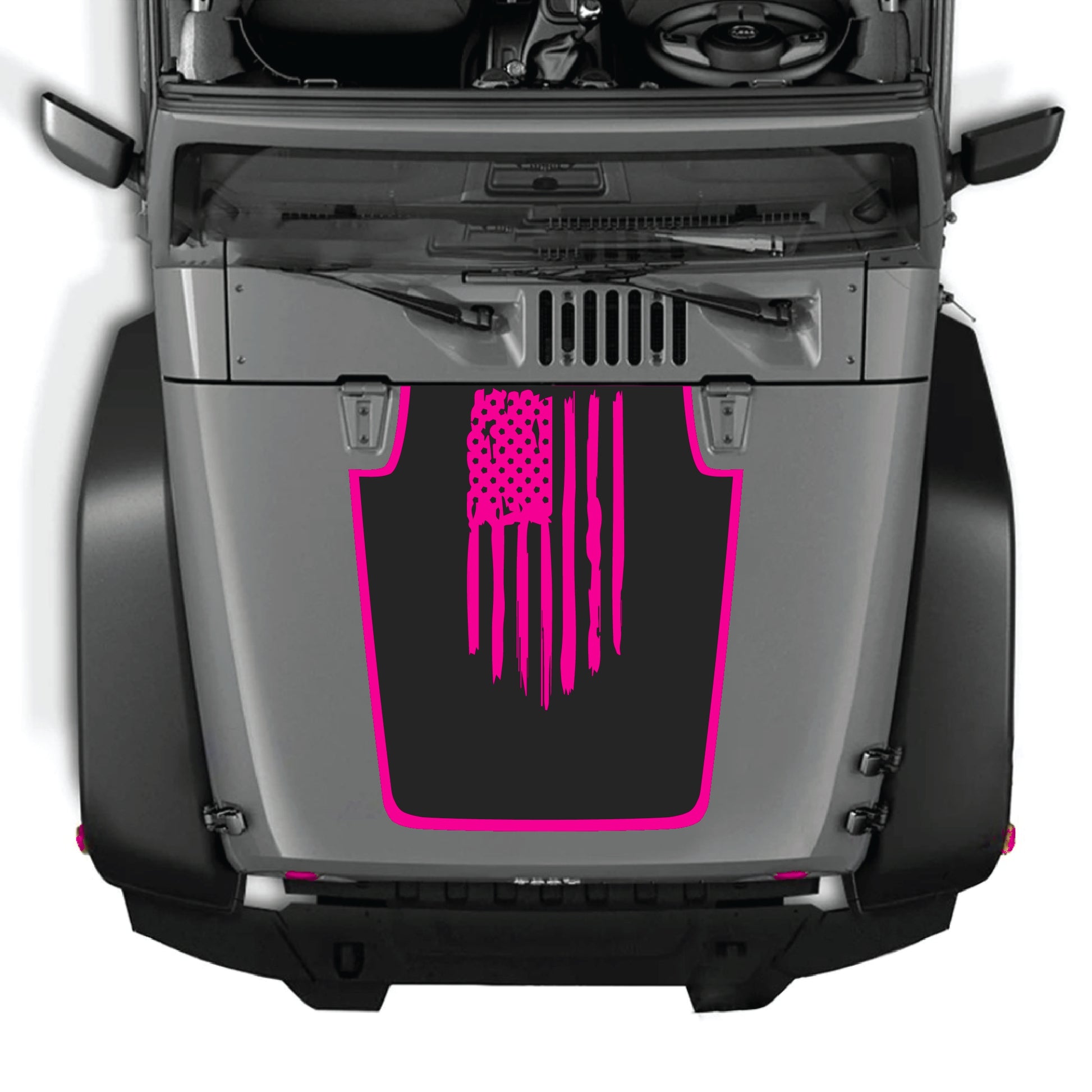 Jeep Wrangler JK hood decal featuring a USA flag with border, made of premium vinyl by CarCode, for 2007-2018 models.
