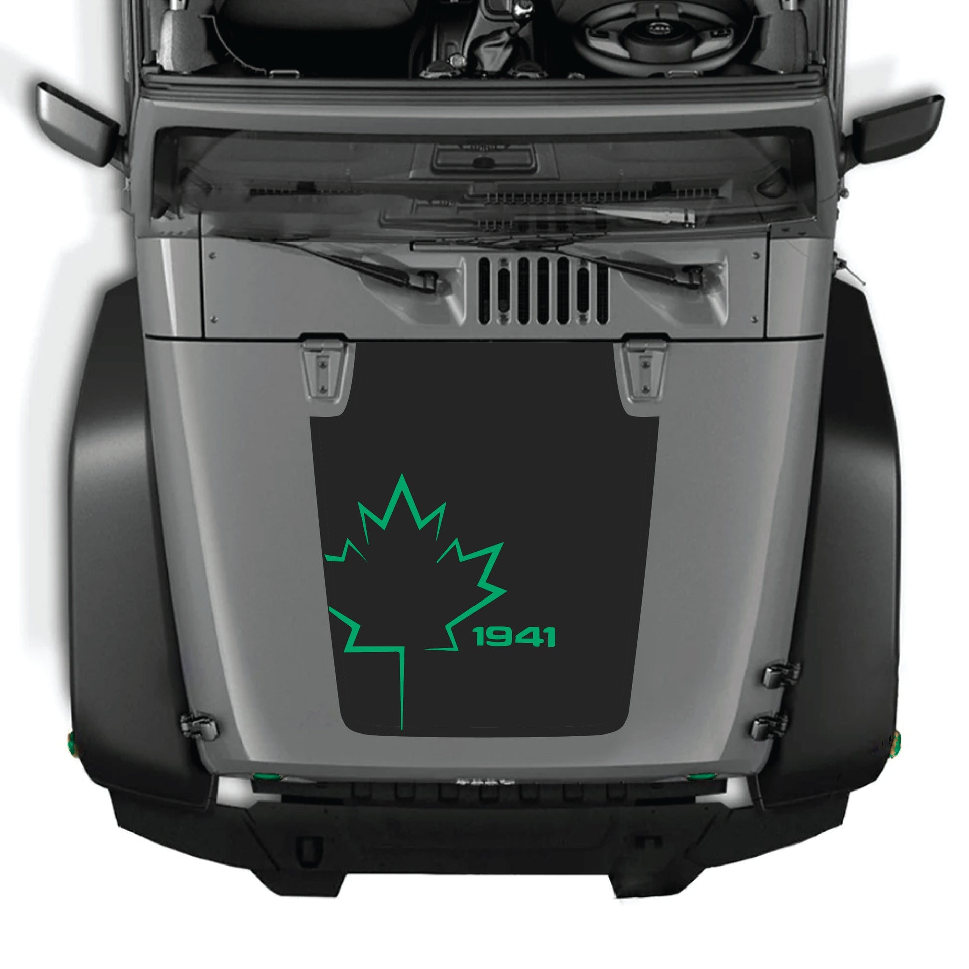 Canada leaf hood decal for Jeep Wrangler JK JKU, premium vinyl sticker with 1941 graphic by CarCode, designed for 2007-2018 models.