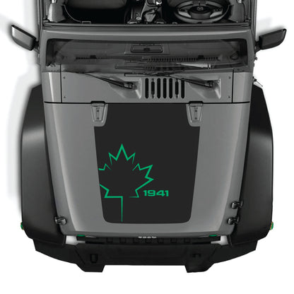 Canada leaf hood decal for Jeep Wrangler JK JKU, premium vinyl sticker with 1941 graphic by CarCode, designed for 2007-2018 models.