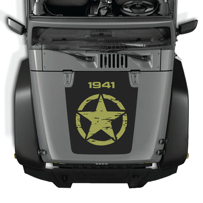 CarCode full star hood decal graphic kit on Jeep Wrangler JK JKU 2007-2018, made of premium vinyl for a bold look.