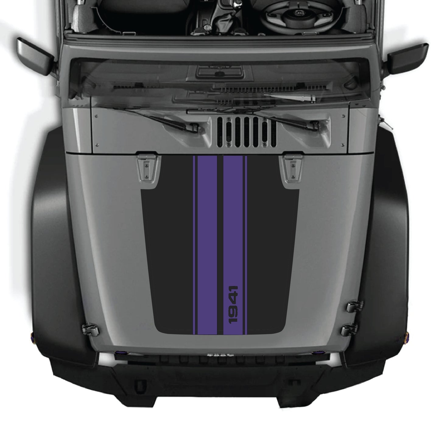 Jeep Wrangler JK hood decal featuring 1941 stripes graphic kit in premium vinyl, designed by CarCode.
