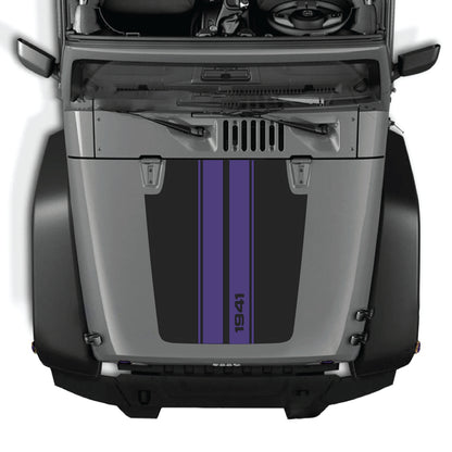 Jeep Wrangler JK hood decal featuring 1941 stripes graphic kit in premium vinyl, designed by CarCode.