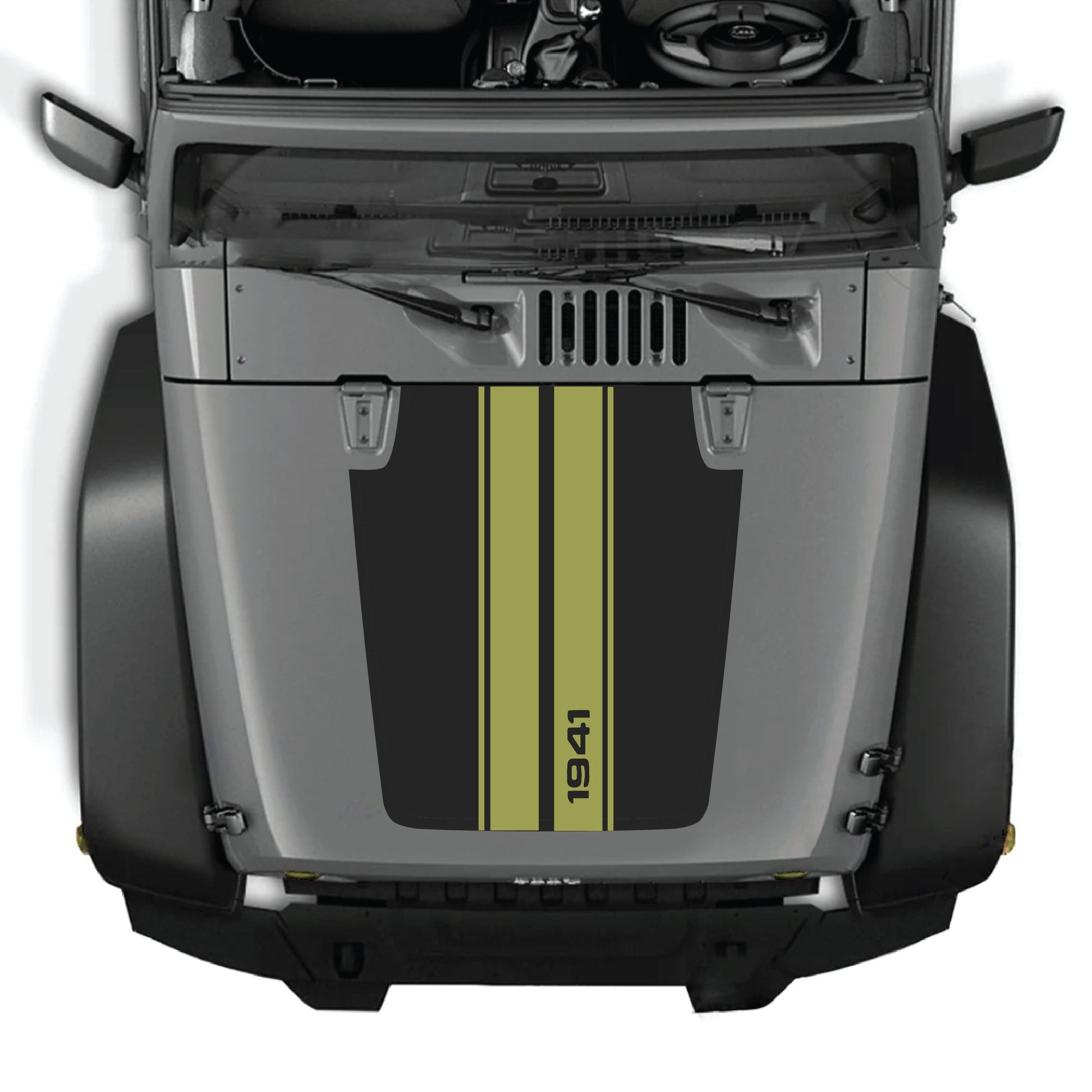 Jeep Wrangler JK hood decal with 1941 stripes graphic in black and white vinyl, designed for CarCode 2007-2018 models.