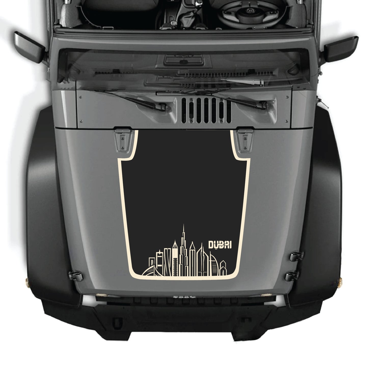 Dubai hood decal with border graphic kit on a Jeep Wrangler JK JKU, made of premium vinyl, designed for 2007-2018 models.