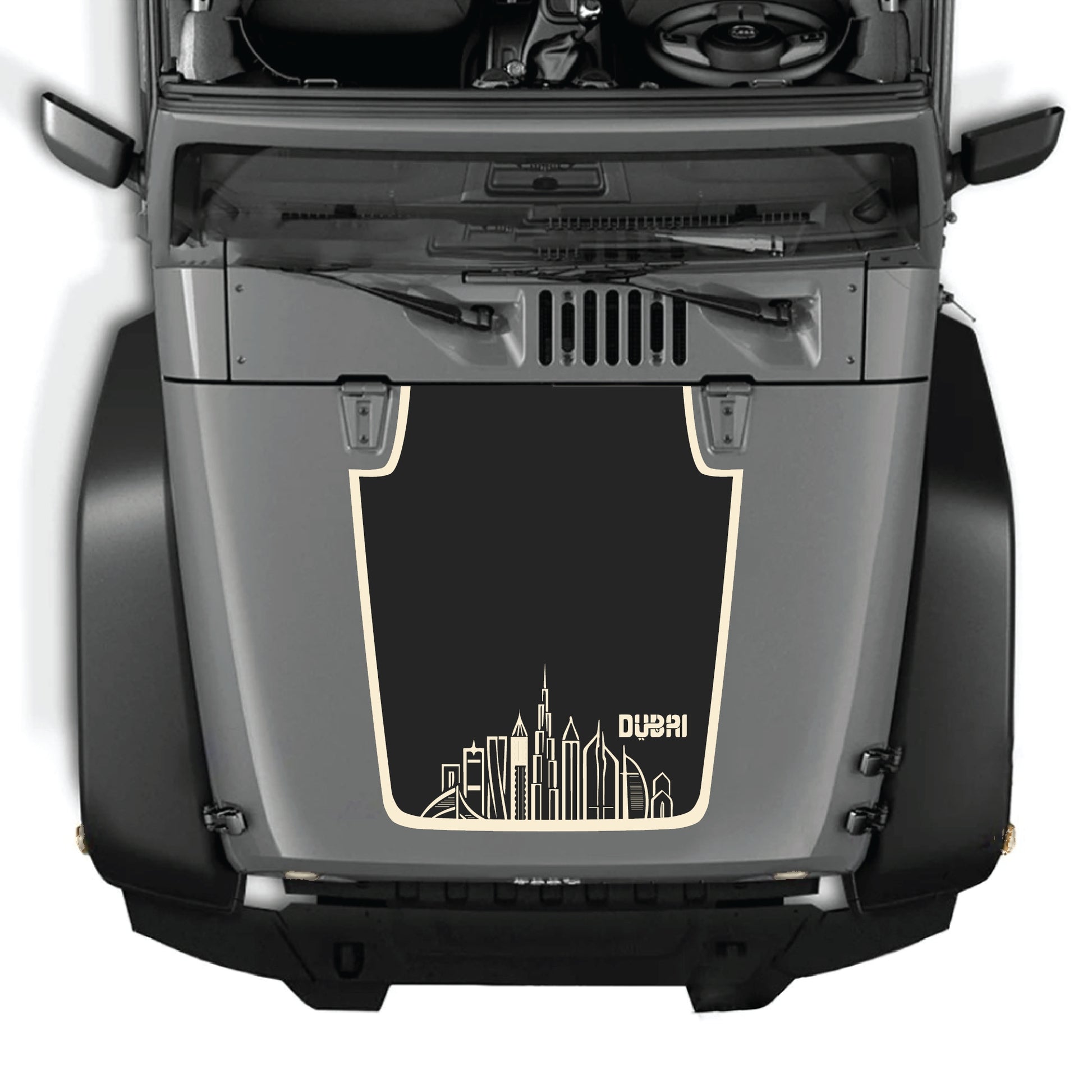 Dubai hood decal with border graphic kit on a Jeep Wrangler JK JKU, made of premium vinyl, designed for 2007-2018 models.