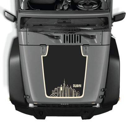 Dubai hood decal with border graphic kit on a Jeep Wrangler JK JKU, made of premium vinyl, designed for 2007-2018 models.