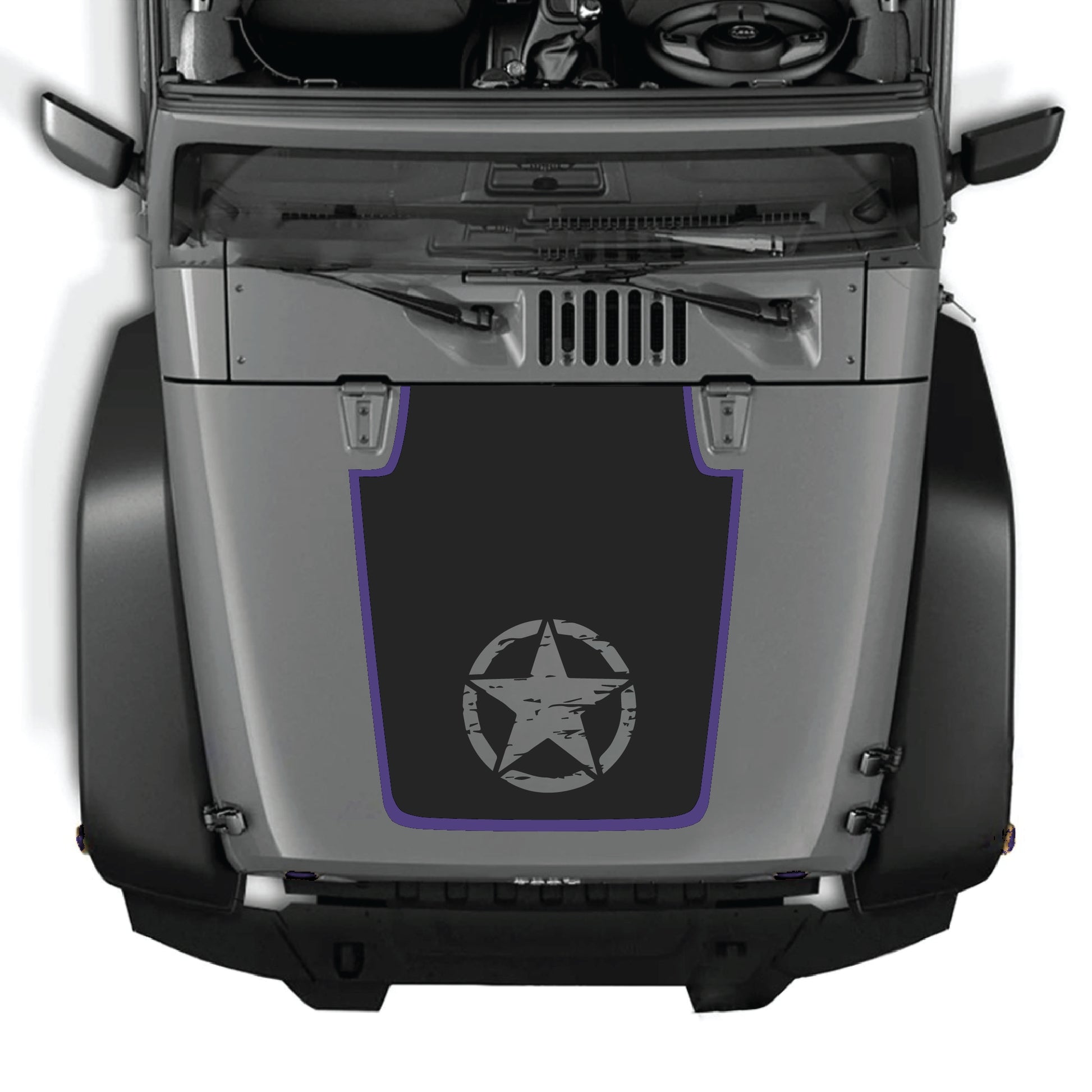 Calcomanía de capó para Jeep Wrangler JK JKU con gráfico central de estrella CarCode en vinilo premium negro, diseñada para modelos 2007-2018.