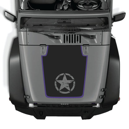 Calcomanía de capó para Jeep Wrangler JK JKU con gráfico central de estrella CarCode en vinilo premium negro, diseñada para modelos 2007-2018.