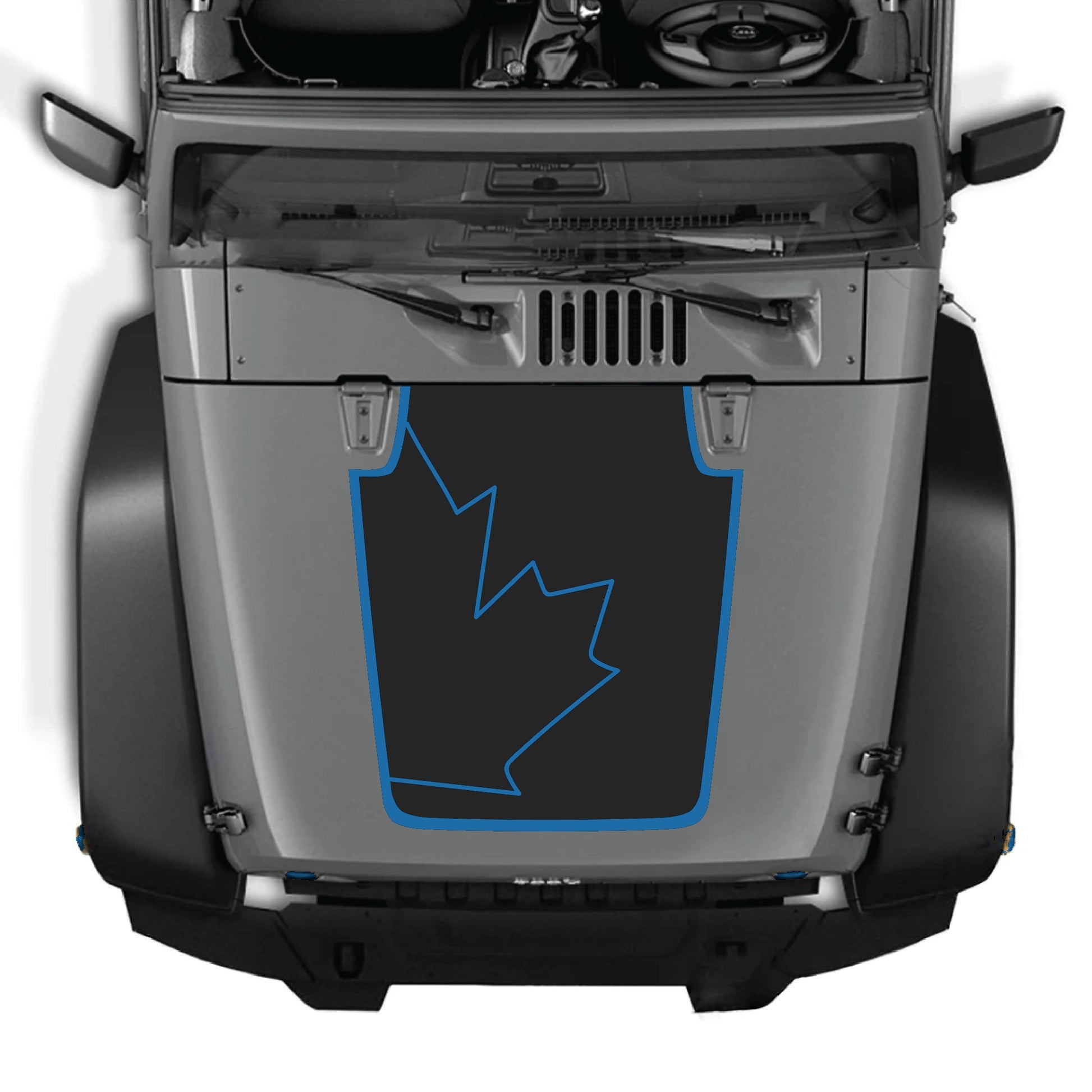 CarCode Jeep Wrangler JK hood decal featuring a full Canadian leaf with border in premium vinyl, designed for 2007-2018 models.