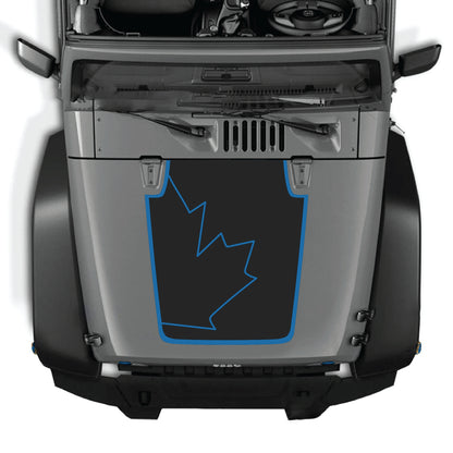 CarCode Jeep Wrangler JK hood decal featuring a full Canadian leaf with border in premium vinyl, designed for 2007-2018 models.
