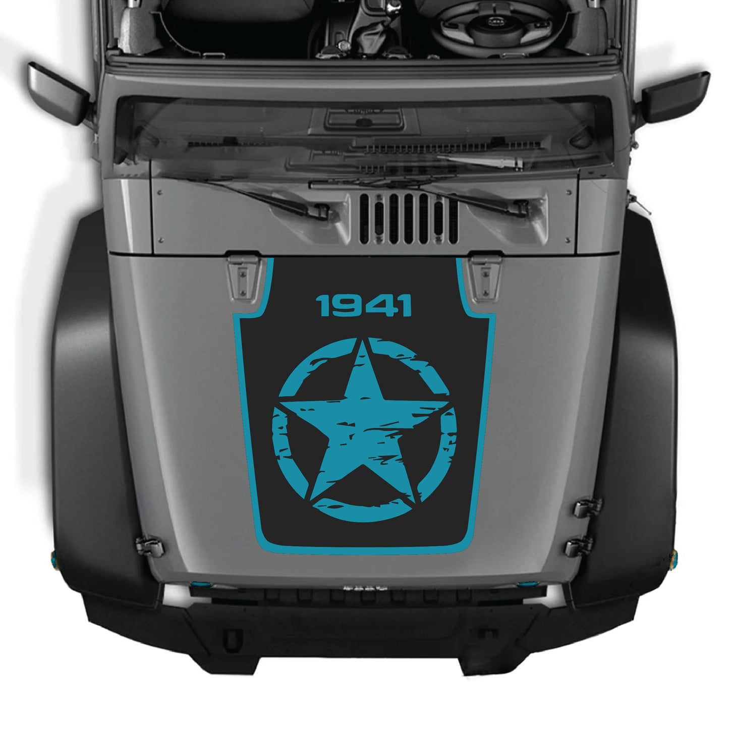 Full Star 1941 hood decal with border graphic kit on a Jeep Wrangler JK JKU, made of premium vinyl by CarCode.