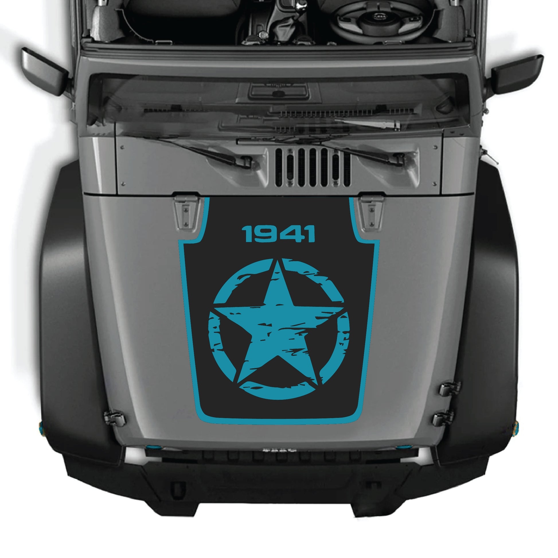 Full Star 1941 hood decal with border graphic kit on a Jeep Wrangler JK JKU, made of premium vinyl by CarCode.