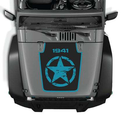 Full Star 1941 hood decal with border graphic kit on a Jeep Wrangler JK JKU, made of premium vinyl by CarCode.