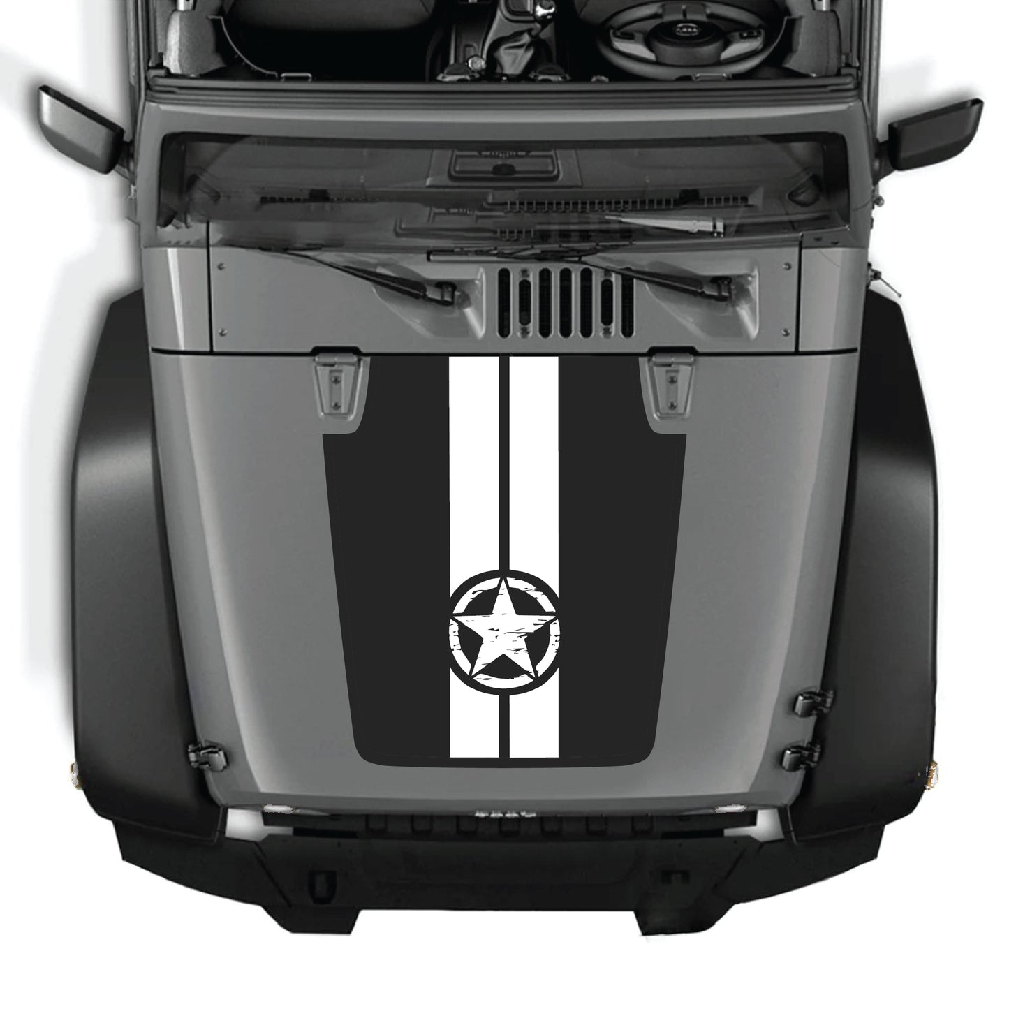 Jeep Wrangler JK JKU hood decal kit featuring star and stripes design in premium vinyl by CarCode, applied on vehicle hood.