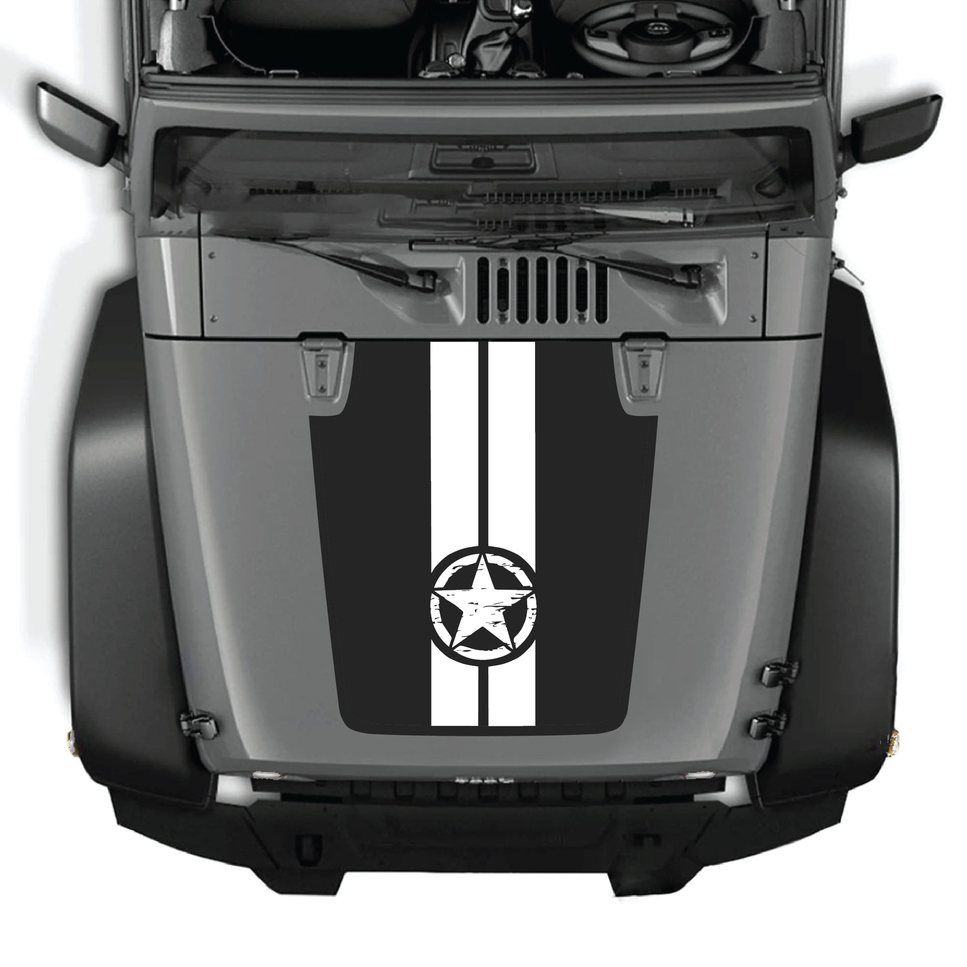 Jeep Wrangler JK JKU hood decal kit featuring star and stripes design in premium vinyl by CarCode, applied on vehicle hood.