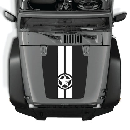 Jeep Wrangler JK JKU hood decal kit featuring star and stripes design in premium vinyl by CarCode, applied on vehicle hood.