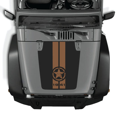 Jeep Wrangler JK hood decal with 1941 star and stripes graphic in black and white vinyl, for 2007-2018 models.