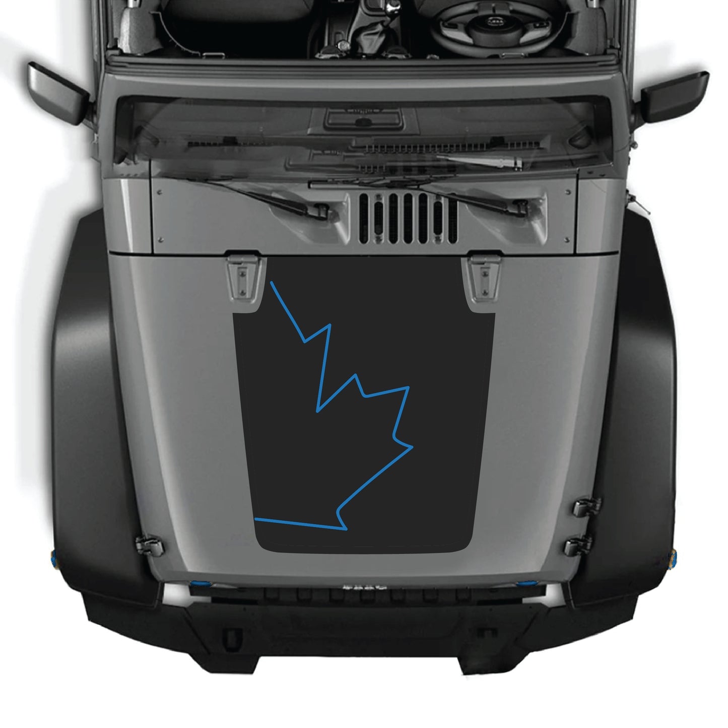 Canada full leaf hood decal graphic kit by CarCode on a Jeep Wrangler JK JKU, made of premium vinyl, shown on vehicle hood.