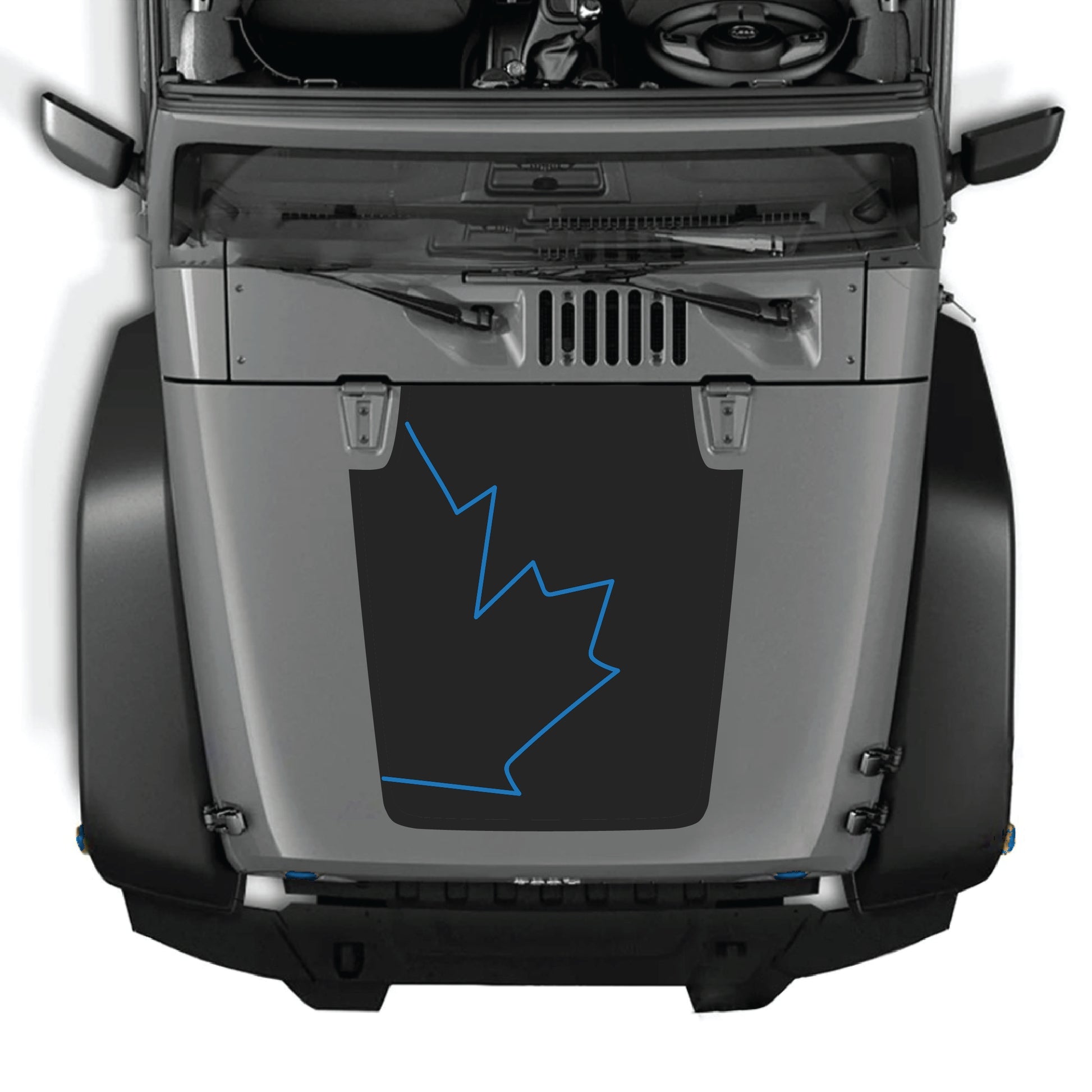 Canada full leaf hood decal graphic kit by CarCode on a Jeep Wrangler JK JKU, made of premium vinyl, shown on vehicle hood.