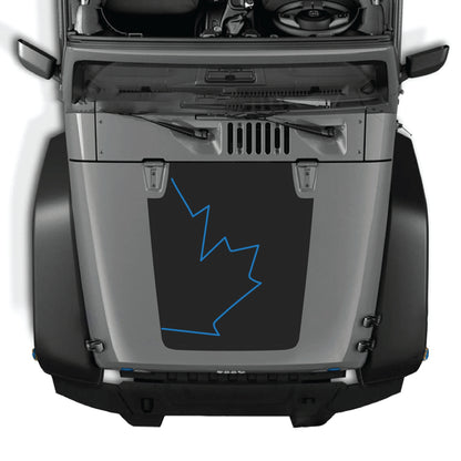 Canada full leaf hood decal graphic kit by CarCode on a Jeep Wrangler JK JKU, made of premium vinyl, shown on vehicle hood.