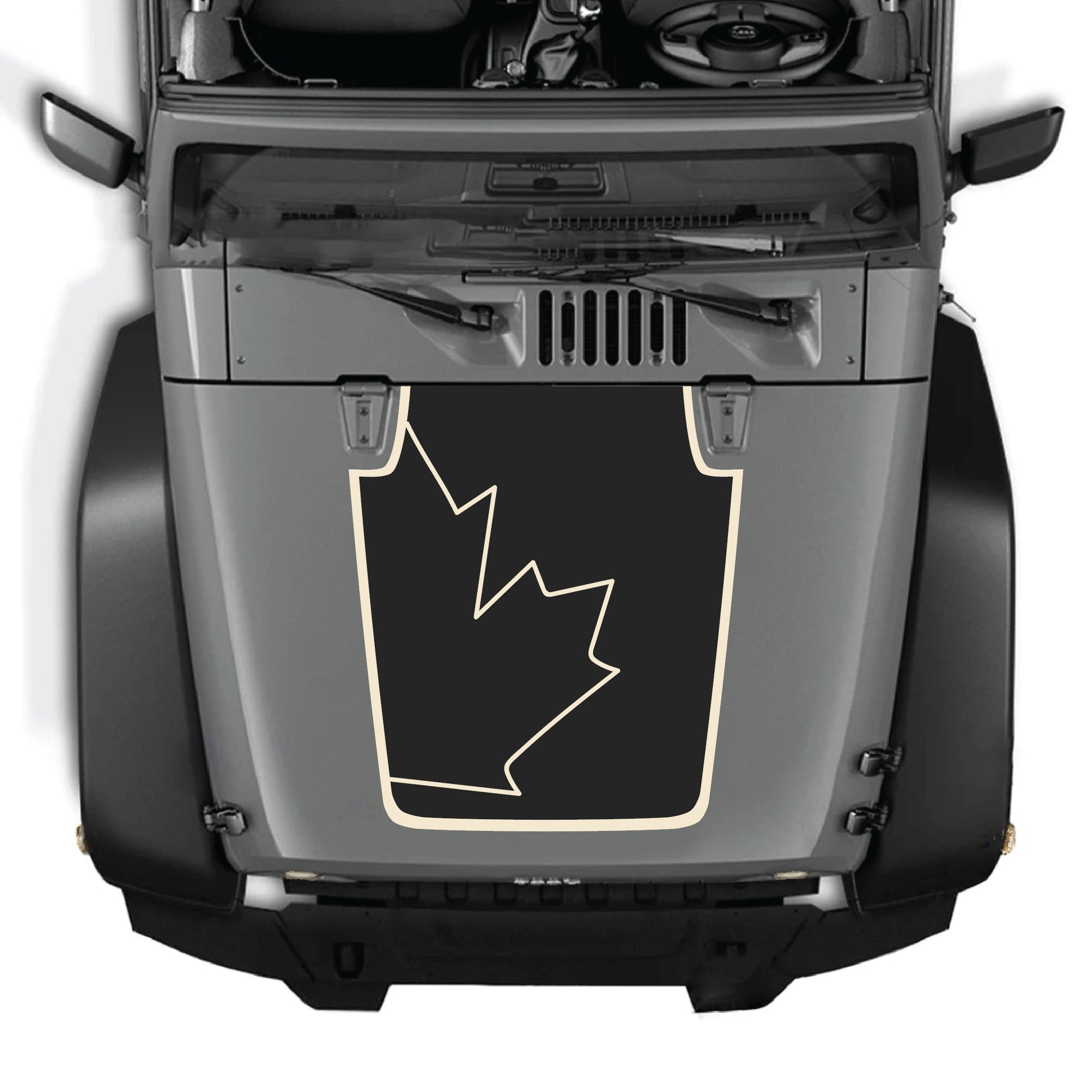 Canada full leaf with border hood decal graphic kit on a Jeep Wrangler JK JKU, made of premium vinyl, by CarCode.