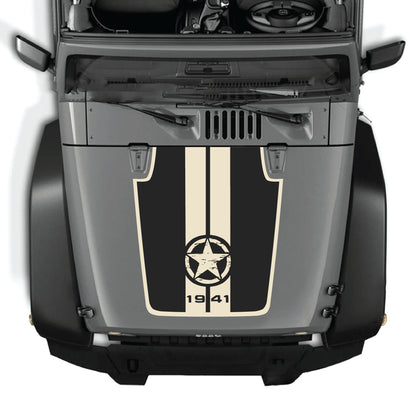 Jeep Wrangler JK hood decal featuring 1941 stars and stripes border graphic in premium vinyl, style by CarCode.
