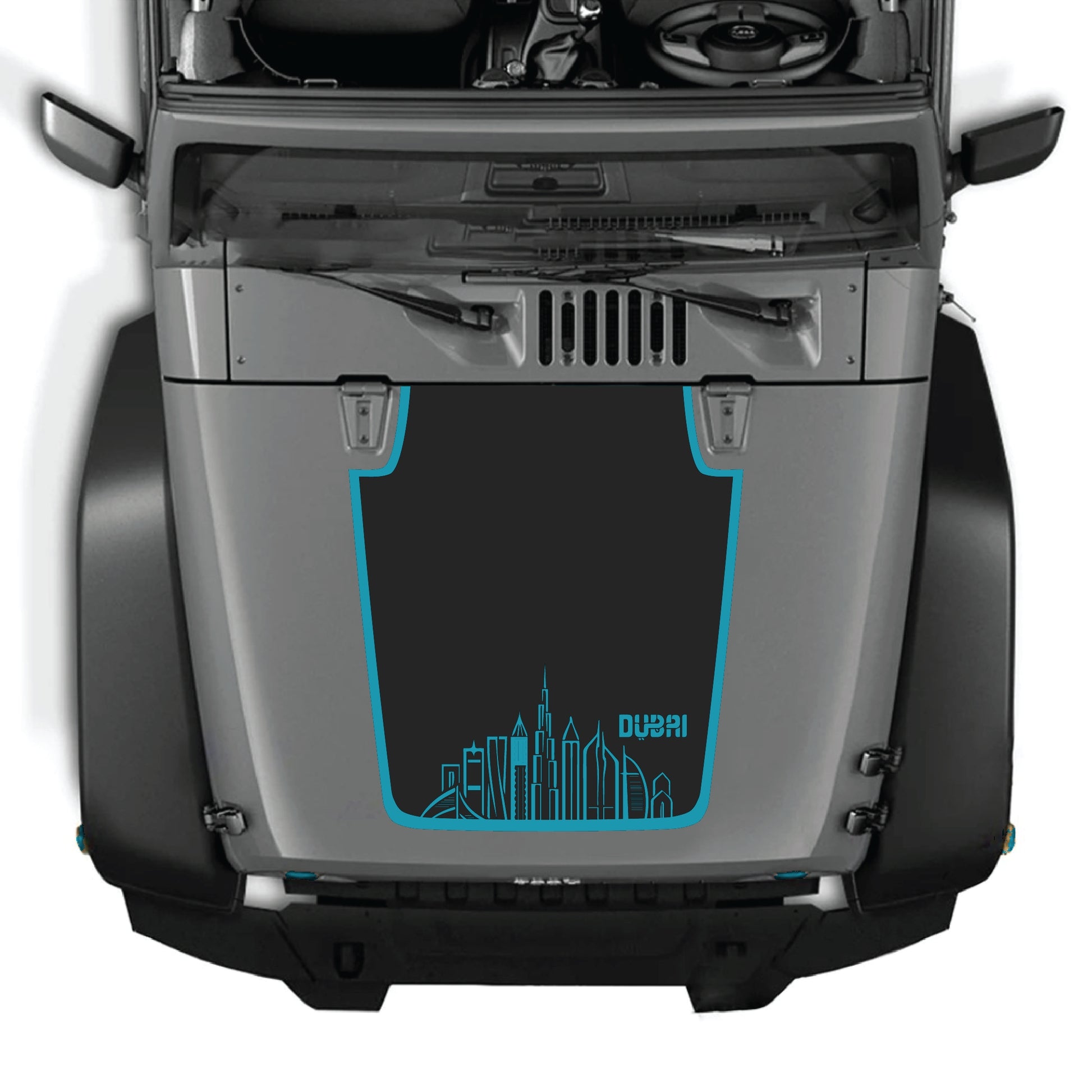 CarCode Jeep Wrangler hood decal with Dubai border graphic in premium vinyl, featuring bold Dubai text and decorative border.