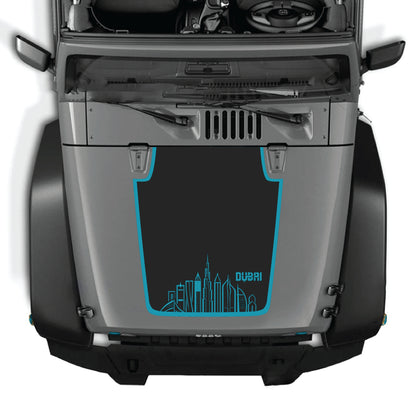 CarCode Jeep Wrangler hood decal with Dubai border graphic in premium vinyl, featuring bold Dubai text and decorative border.
