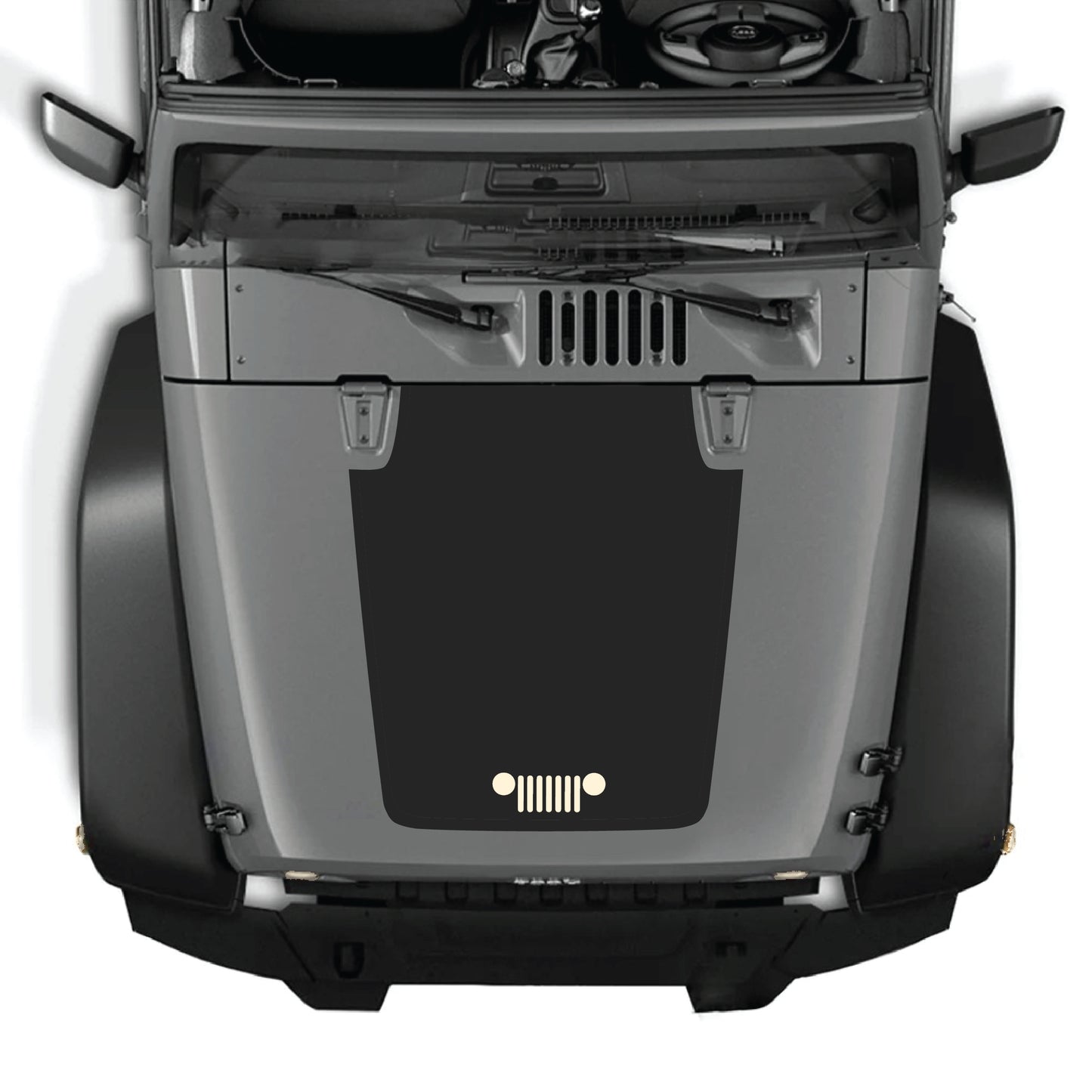 Jeep Wrangler JK hood decal graphic kit by CarCode, featuring premium vinyl grill decal for 2007-2018 models.