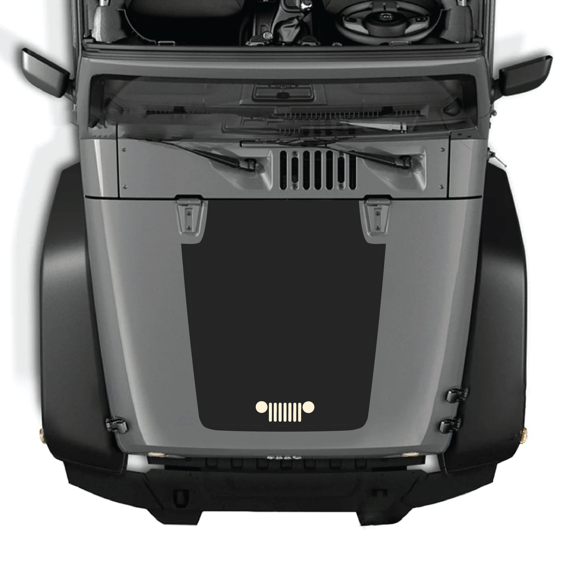 Jeep Wrangler JK hood decal graphic kit by CarCode, featuring premium vinyl grill decal for 2007-2018 models.