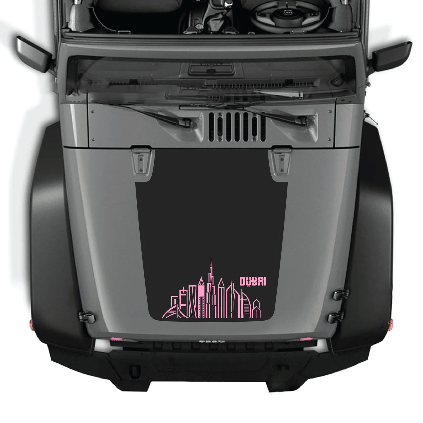 Dubai decal graphic kit for Jeep Wrangler JK JKU hood, made with premium vinyl, featuring bold Dubai-themed design.