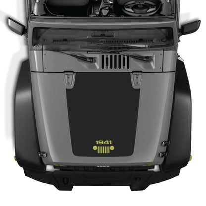 Jeep Wrangler JK hood decal featuring 1941 grill design by CarCode, made with premium vinyl for durable vehicle customization.