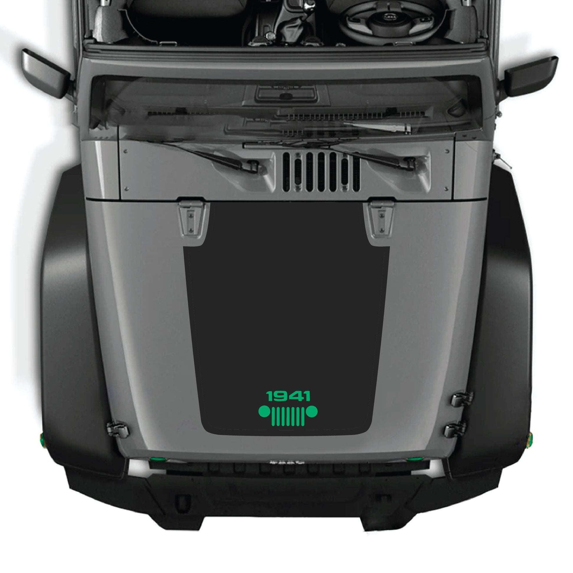 Jeep Wrangler JK hood decal with 1941 grill graphic, black premium vinyl sticker for 2007-2018 models by CarCode