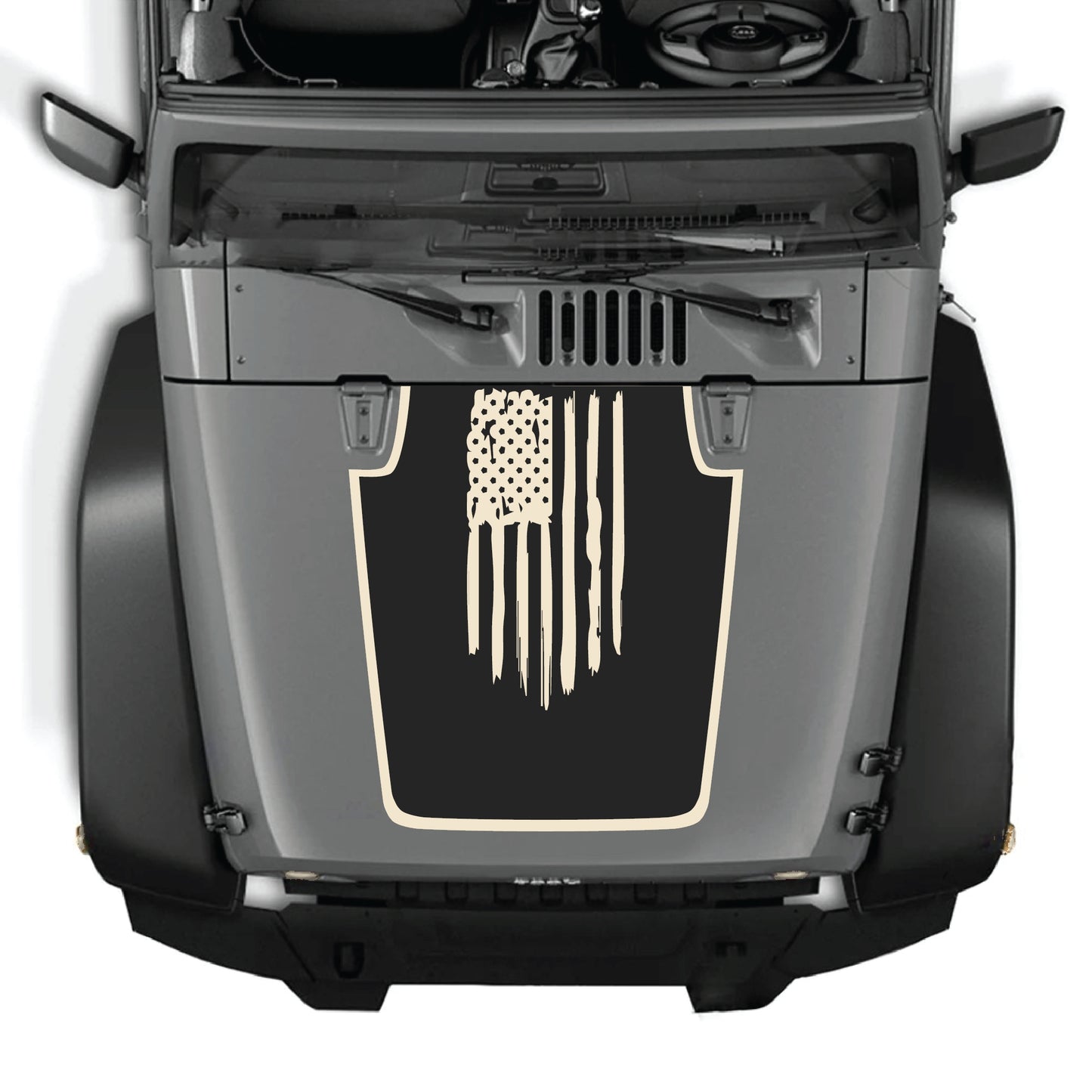 Jeep Wrangler JK hood decal featuring an American flag with border, made of premium vinyl by CarCode